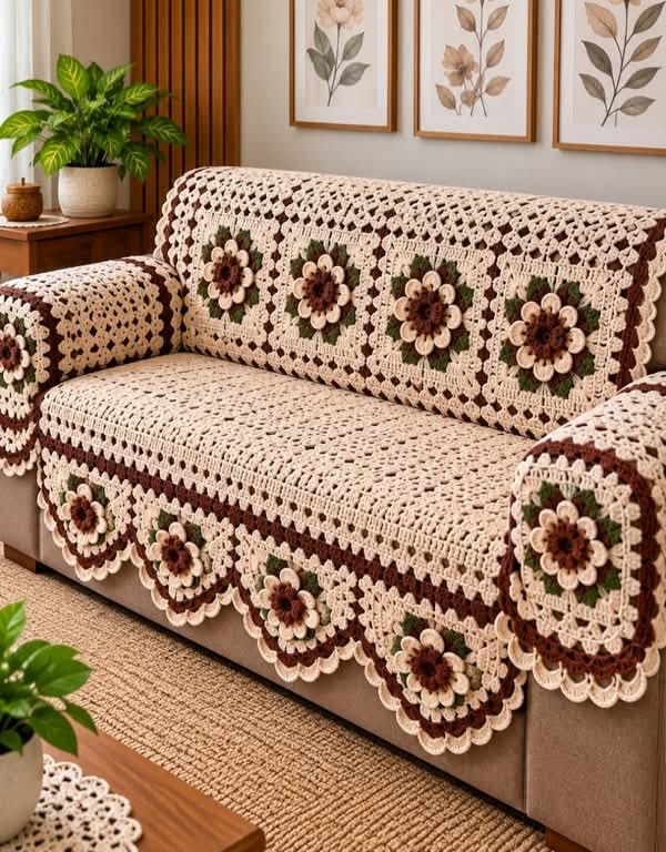Chocolate-and-Cream Floral Sofa Throw in cream, cocoa and espresso