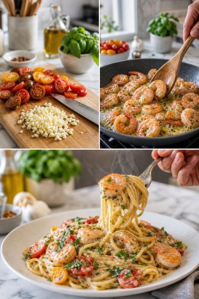 Garnelenpasta mit Tomaten und Basilikum