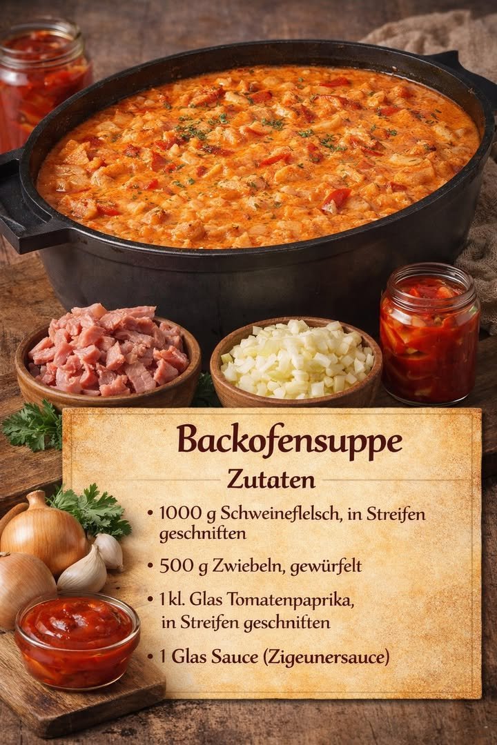 Backofensuppe mit Schweinefleisch und Paprika