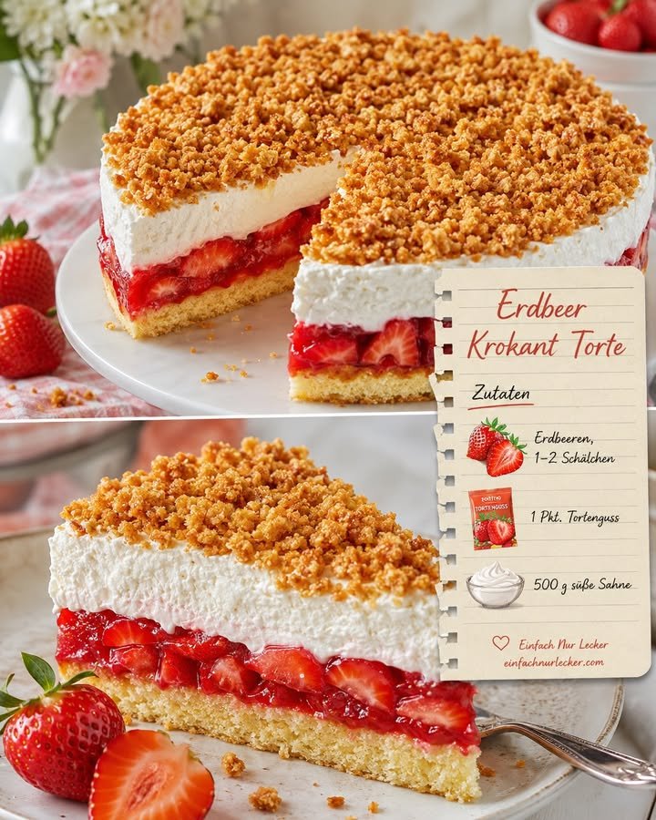Erdbeer-Krokant-Torte mit Sahne