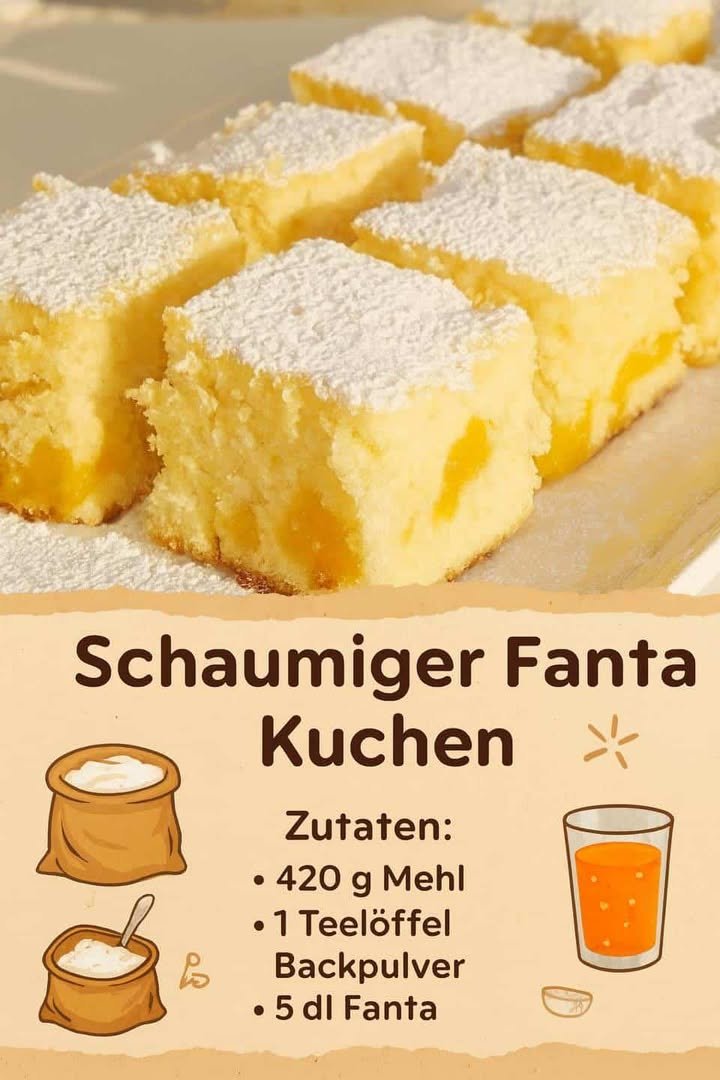 Fantakuchen vom Blech mit Puderzucker