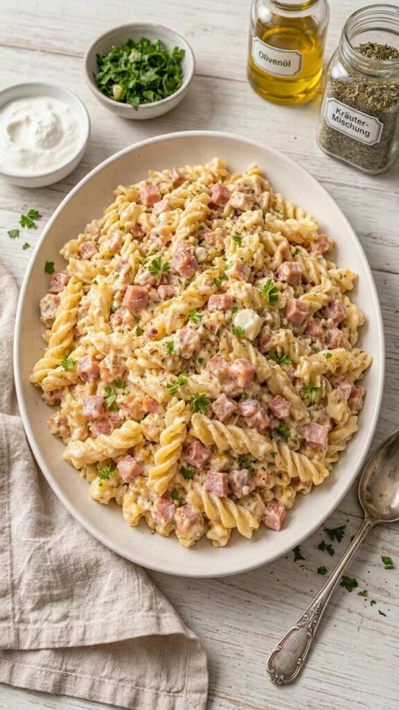 Cremiger Schinken-Nudelsalat mit Kräutern