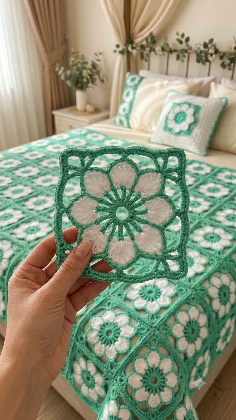 Emerald Daisy Bedspread in emerald, mint and cream