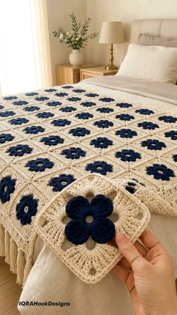 Navy Flower Bed Cover in navy, cream and beige
