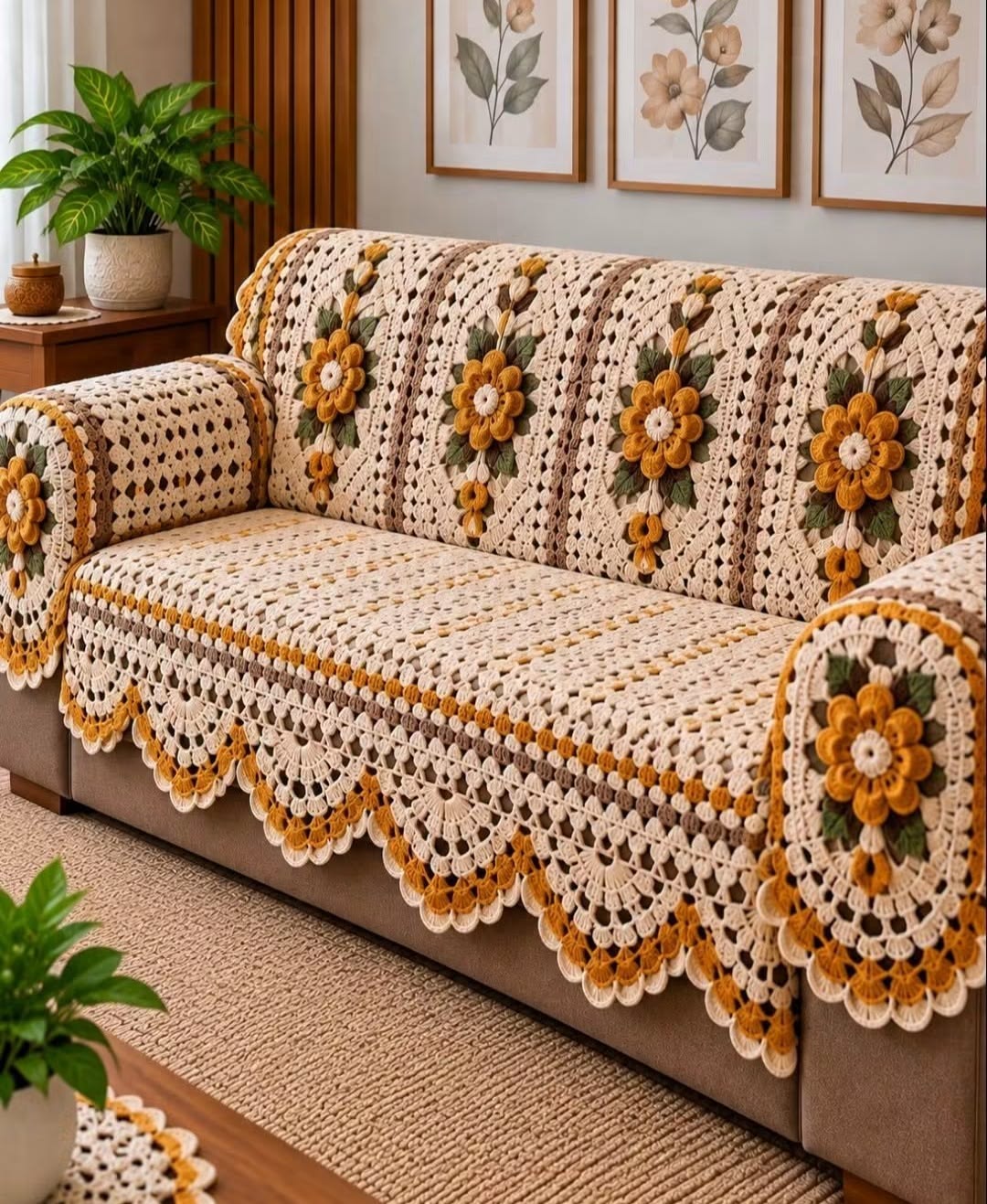 Golden Daisy Sofa Cover in gold, cream and tan