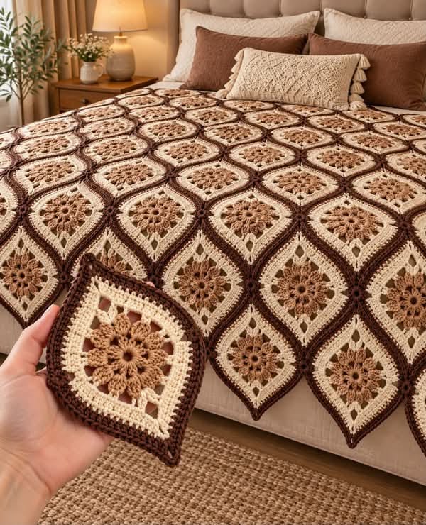 Mocha Diamond-Motif Bed Cover in cream, coffee and dark brown