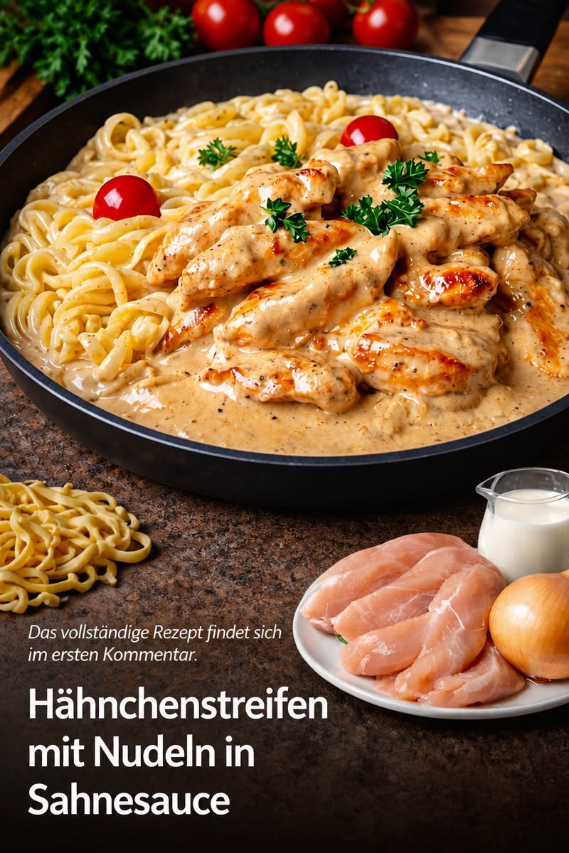 Hähnchenstreifen mit Nudeln in Sahnesauce