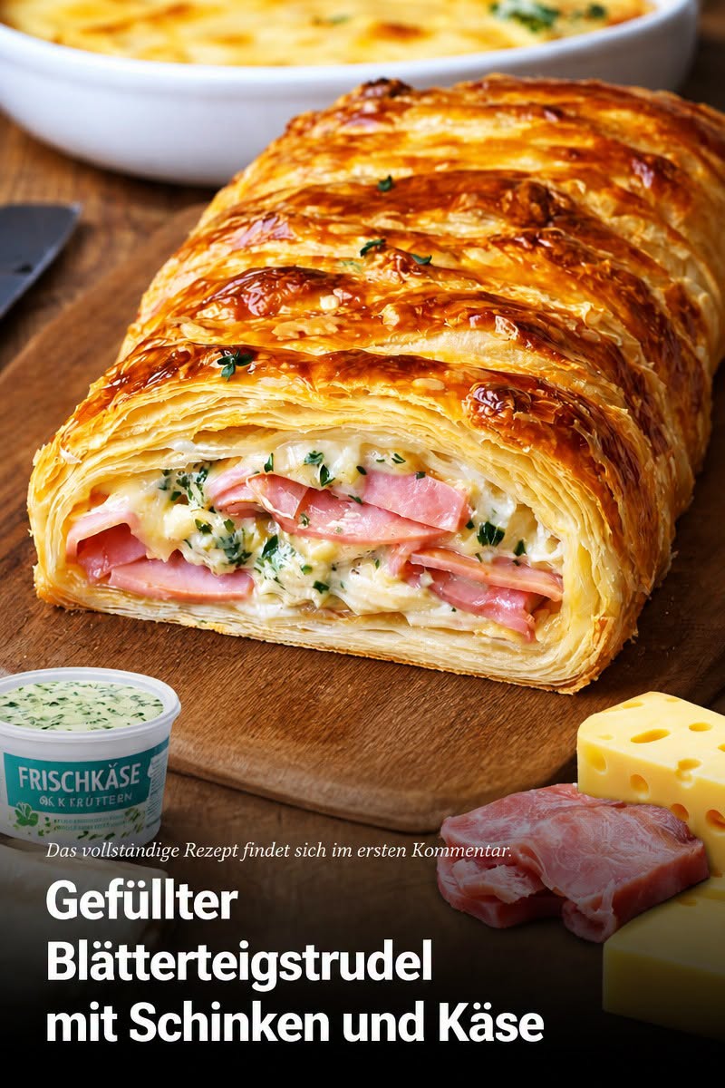 Gefüllter Blätterteigstrudel mit Schinken und Käse