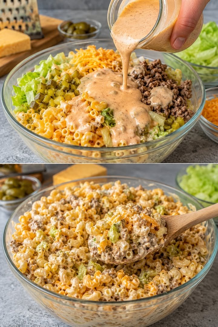 Burger-Makkaronisalat mit Blattsalat