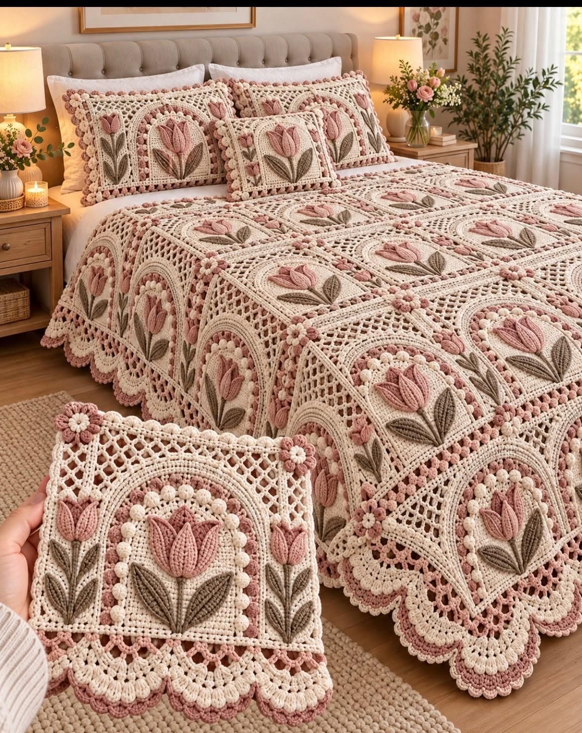Pink Tulip Garden Bed Cover in dusty pink, cream and pale sage