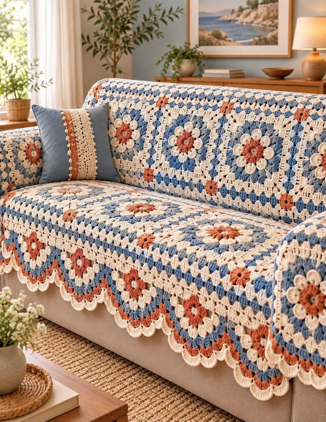 Blue-and-Rust Granny Sofa Throw in denim blue, rust, cream and gold