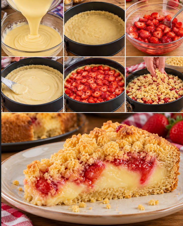 Torta crumble con fragole e crema