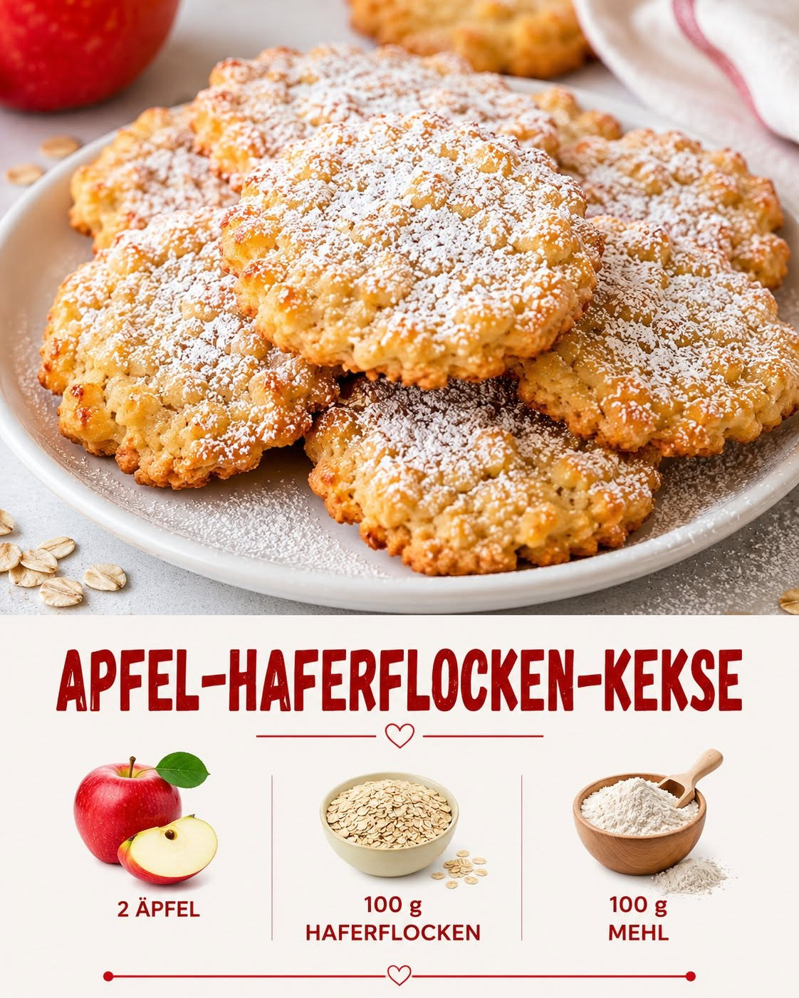 Unregelmäßige goldene Apfel-Haferkekse mit Puderzucker