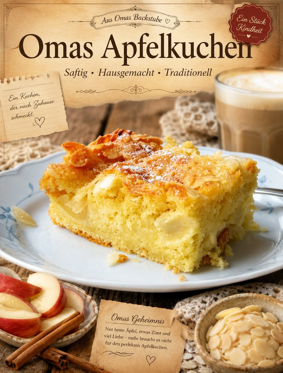 Rechteckiges Stück Apfelkuchen mit sichtbaren Apfelstücken und heller Streuseloberfläche