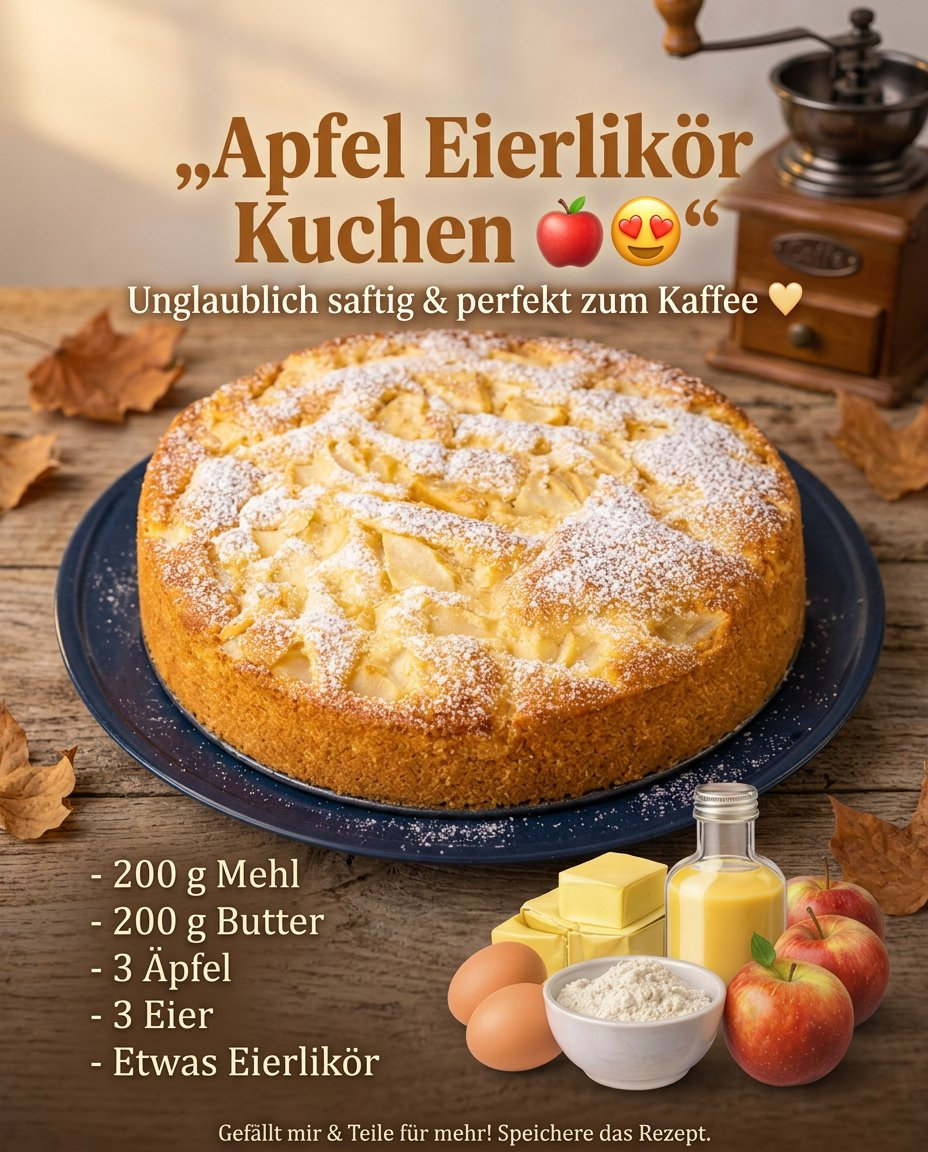 Goldener Apfelkuchen mit hellen Apfelstücken und Puderzucker
