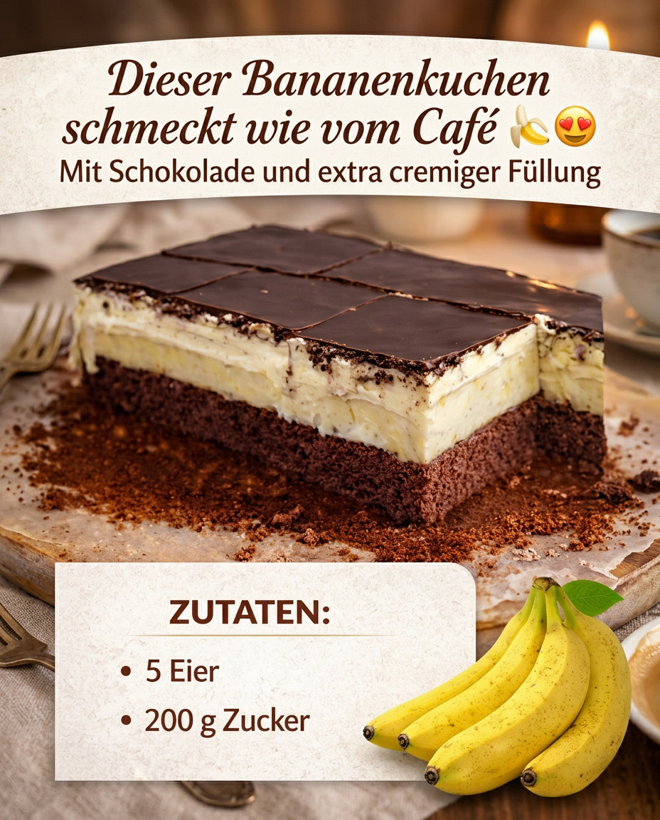 Schokoladenkuchen mit Bananen, heller Creme und dunklem Guss