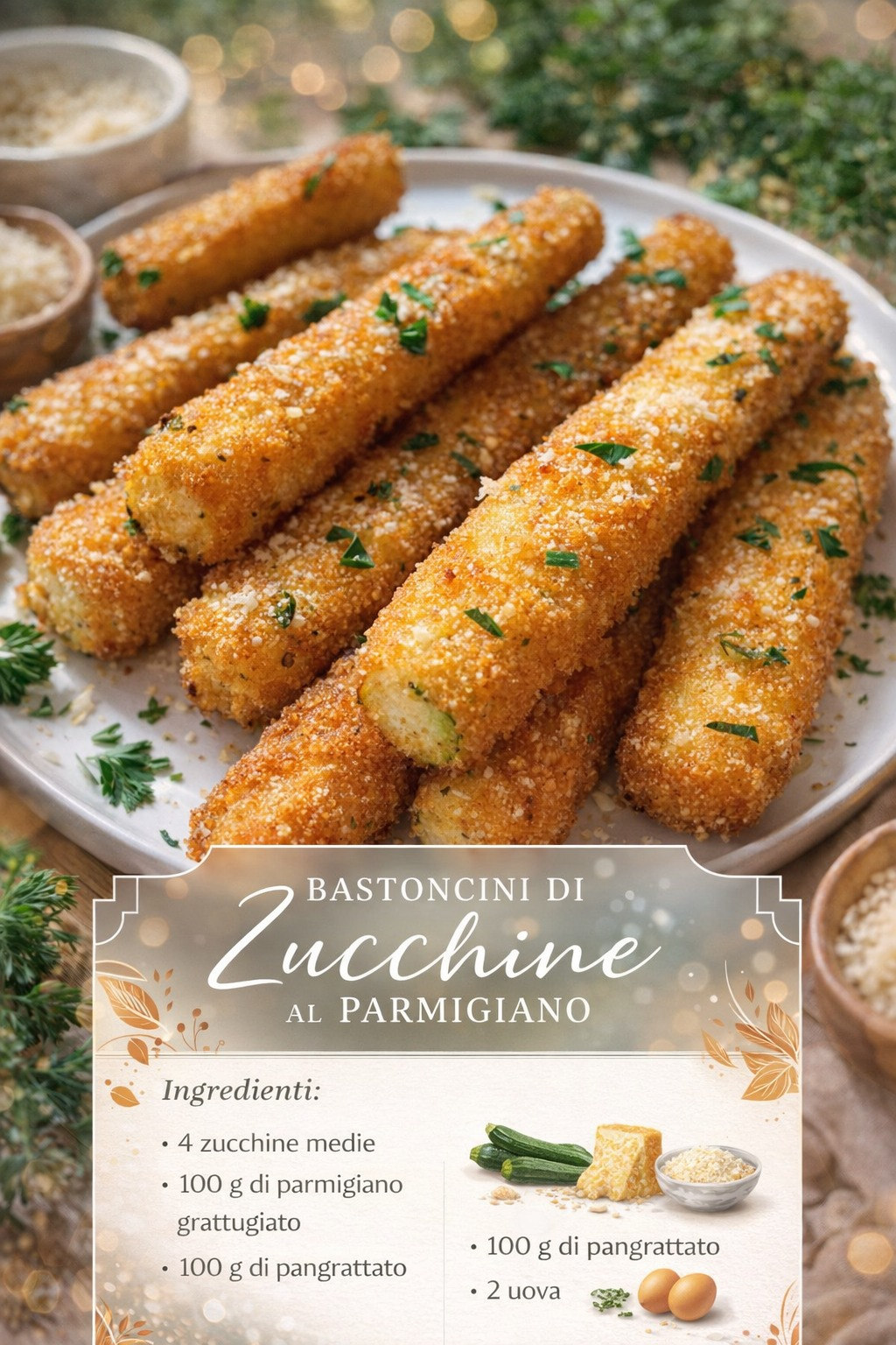 Bastoncini di zucchine dorati e impanati con erbe e formaggio