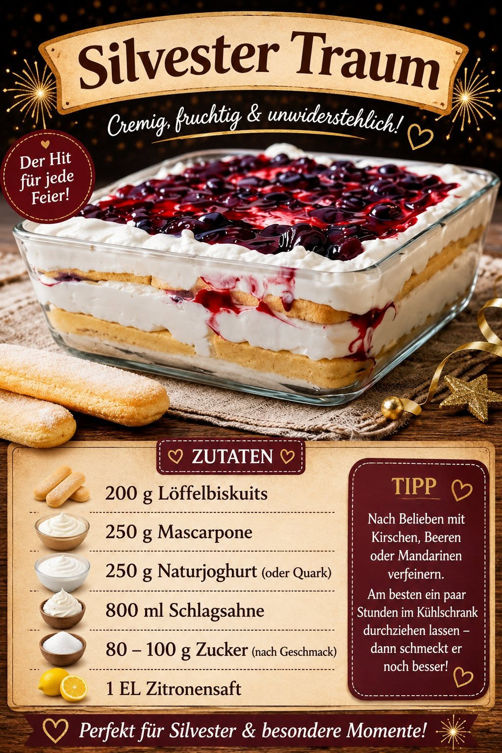 Rechteckiges Schichtdessert mit hellen Cremeschichten und dunklem Beerenspiegel