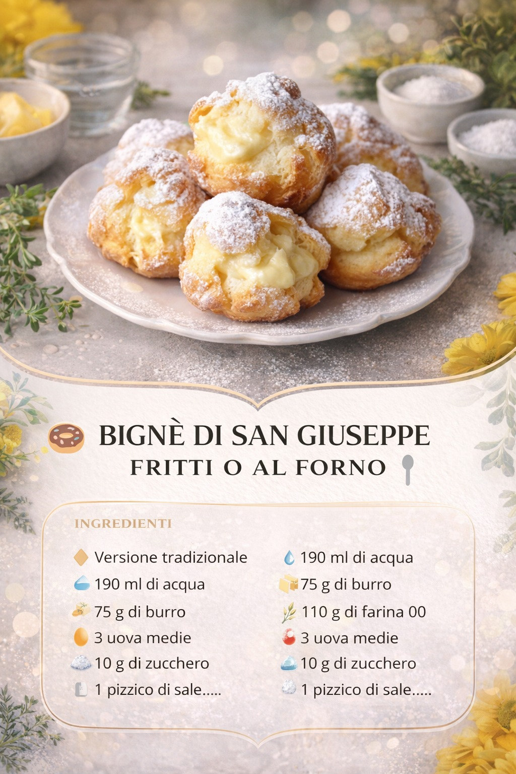 Bignè dorati farciti con crema e spolverizzati di zucchero a velo