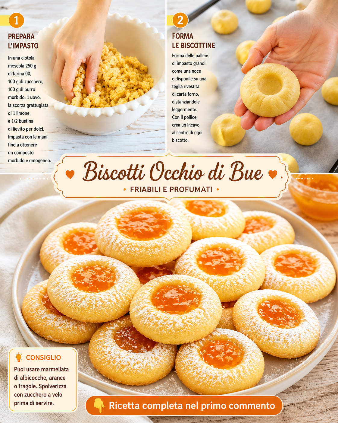 Biscotti rotondi con foro centrale, confettura arancione e zucchero a velo