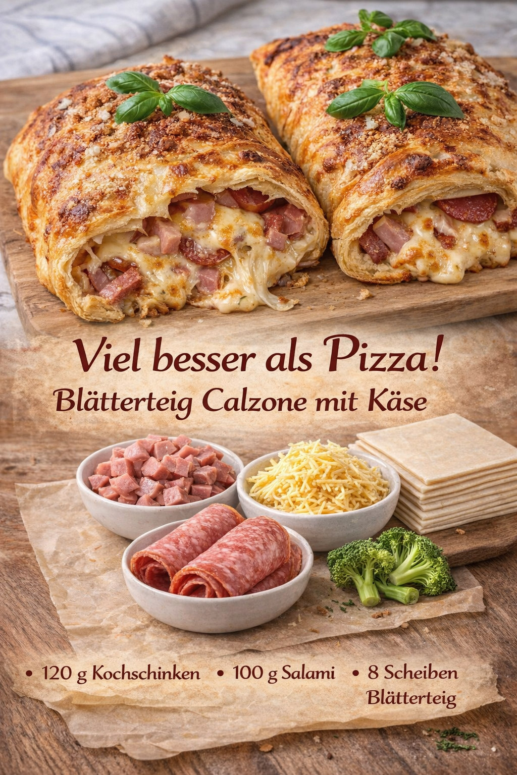 Aufgeschnittene goldene Blätterteigrolle mit Schinken, Salami und geschmolzenem Käse