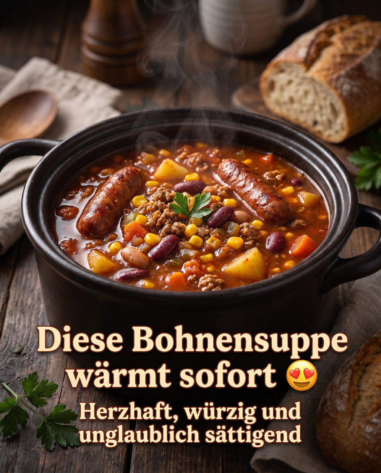Rote Bohnensuppe mit Wurstscheiben, Mais und Gemüsewürfeln