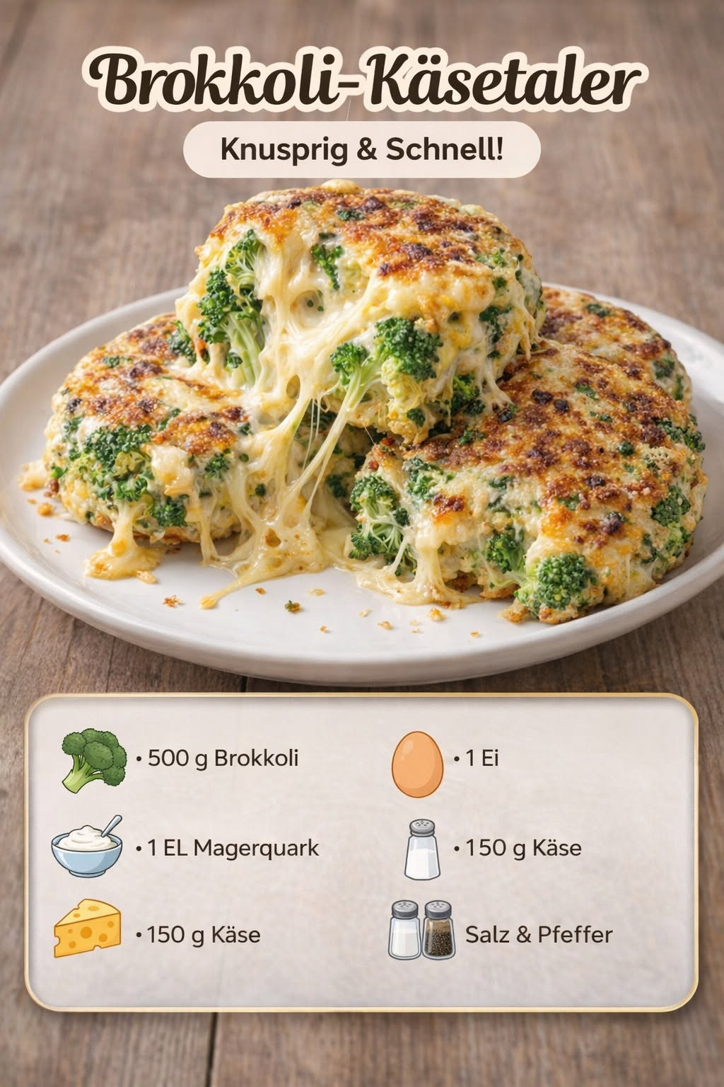 Goldbraune Brokkoli-Käsetaler mit sichtbaren grünen Stückchen und geschmolzenem Käse