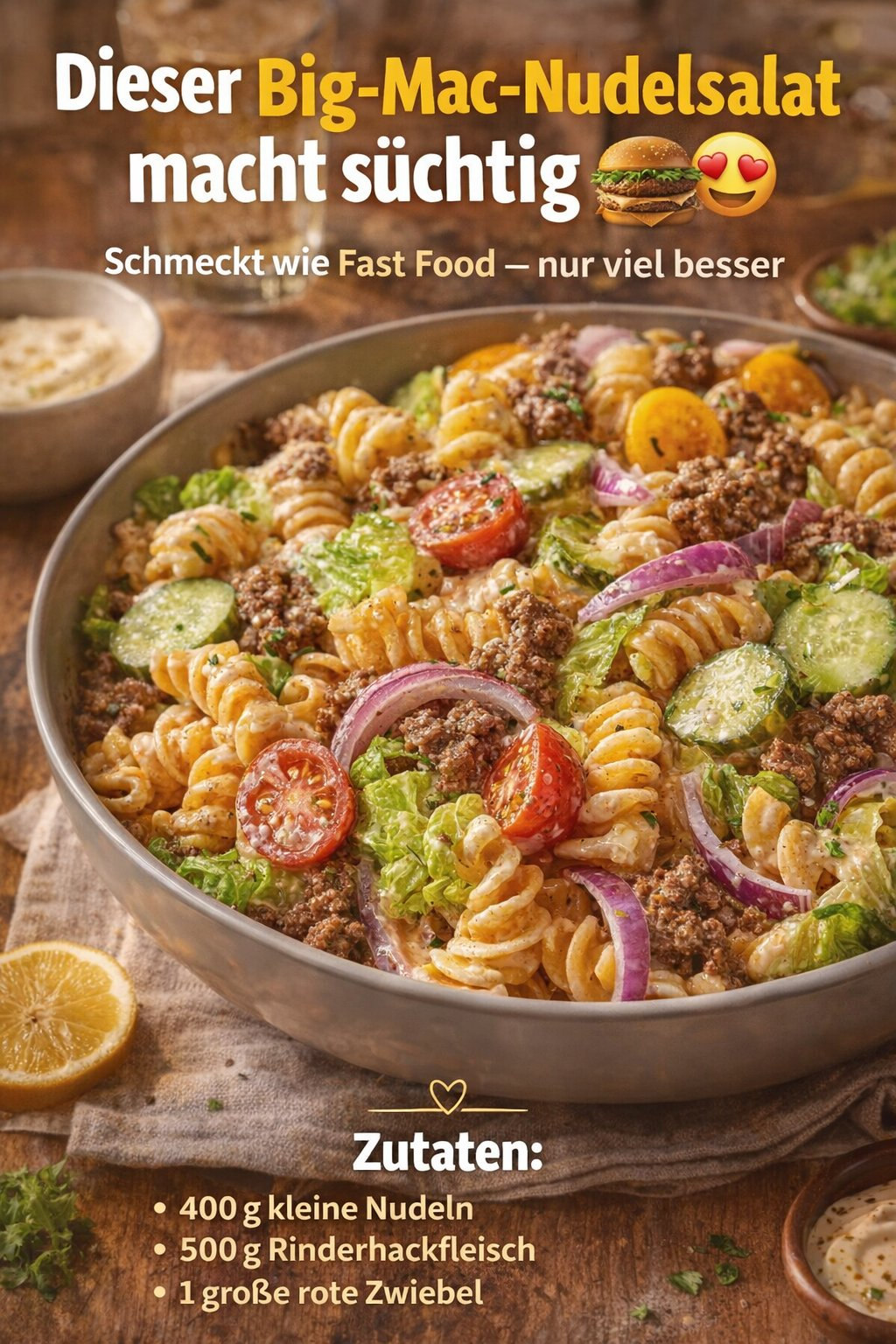 Spiralnudelsalat mit Hackfleisch, Gurken, Tomaten, Käse und Blattsalat
