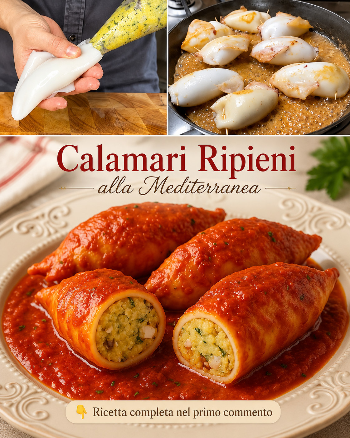 Calamari ripieni interi e tagliati, serviti in salsa rossa di pomodoro