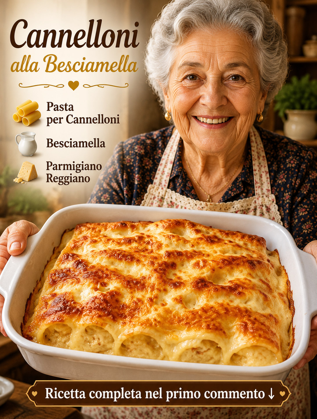 Cannelloni in pirofila coperti di besciamella e formaggio gratinato