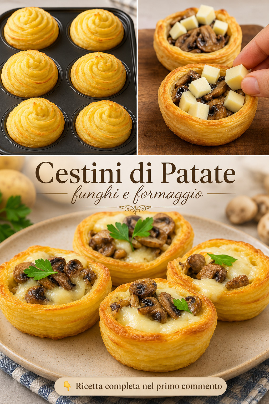Cestini dorati di patate con funghi a pezzi e formaggio