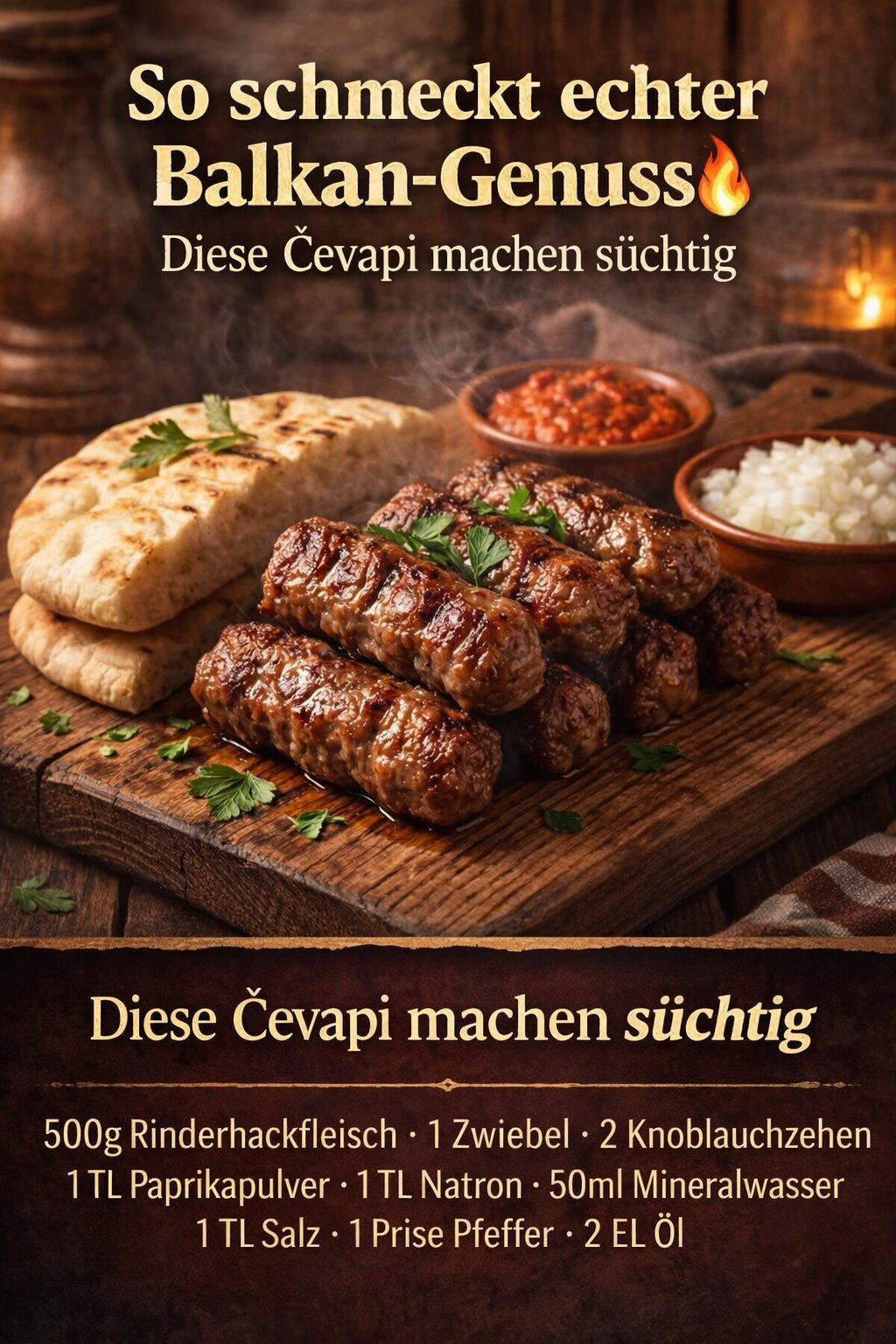 Gebräunte kurze Hackfleischrollen neben Fladenbrot und roter Sauce