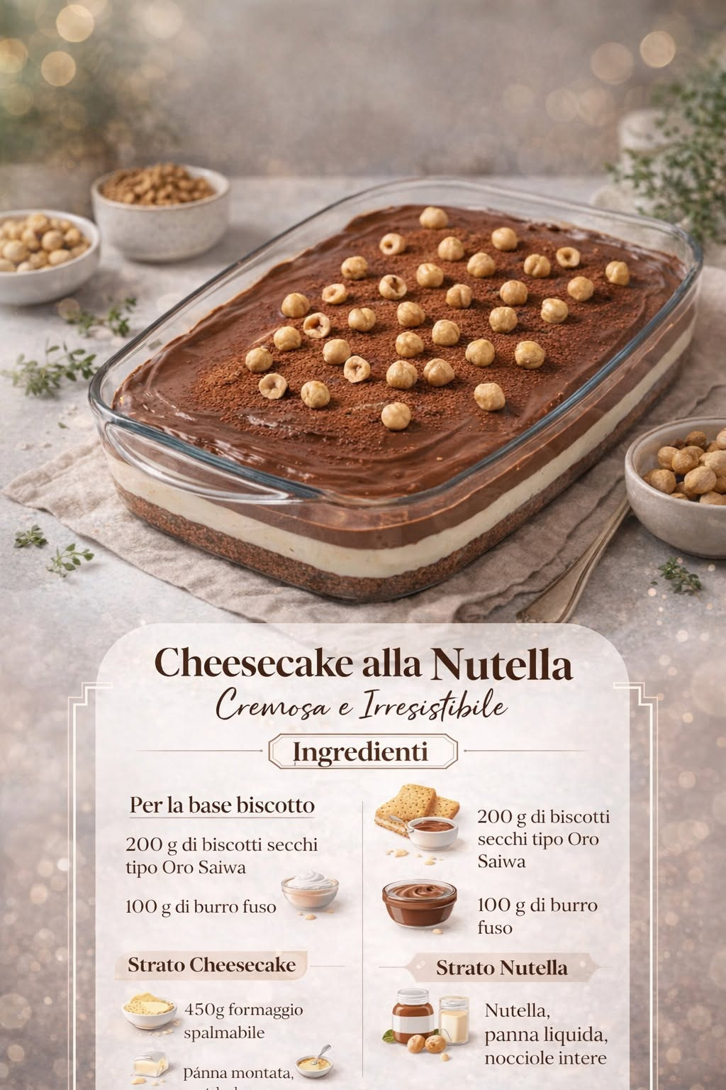 Cheesecake rettangolare al cioccolato con piccole nocciole sulla superficie