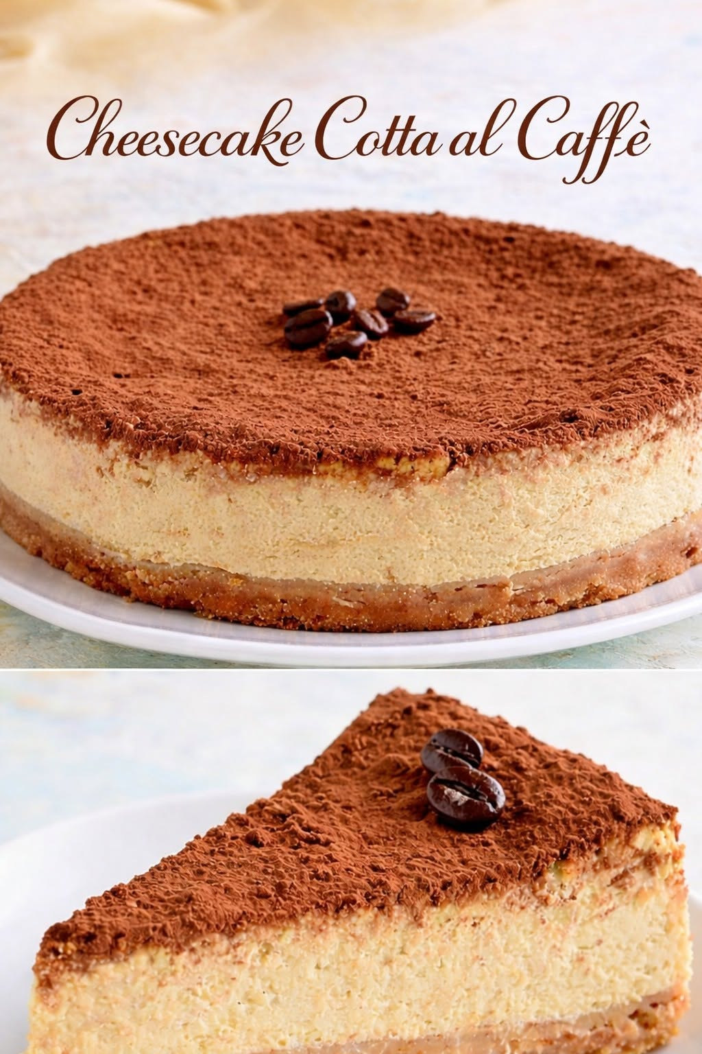 Cheesecake beige cotta al forno con superficie spolverizzata di cacao