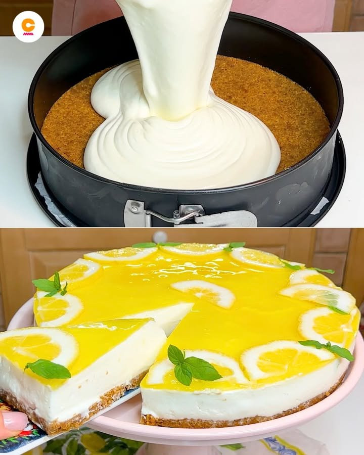Cheesecake con base di biscotti, crema bianca e copertura gialla al limone