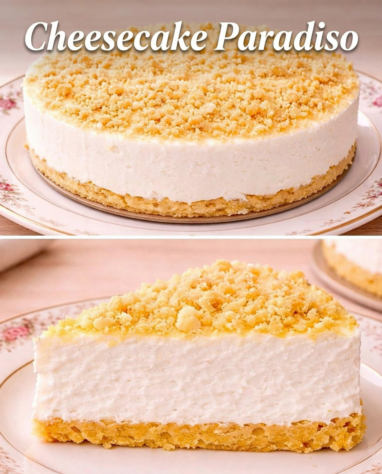 Cheesecake bianca con base di biscotti e briciole dorate, intera e in fetta