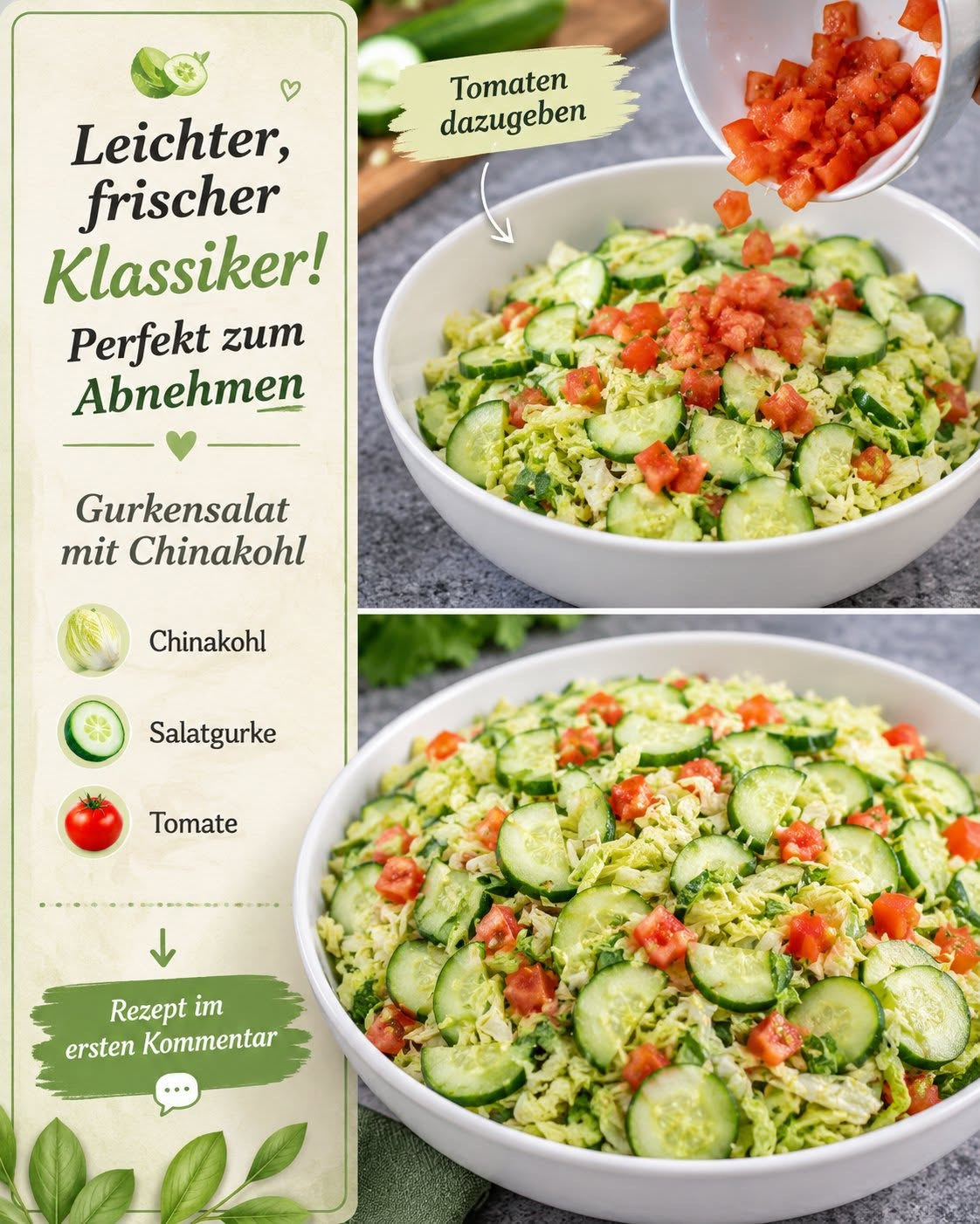 Grüner Chinakohlsalat mit Gurkenstücken und roten Tomatenwürfeln