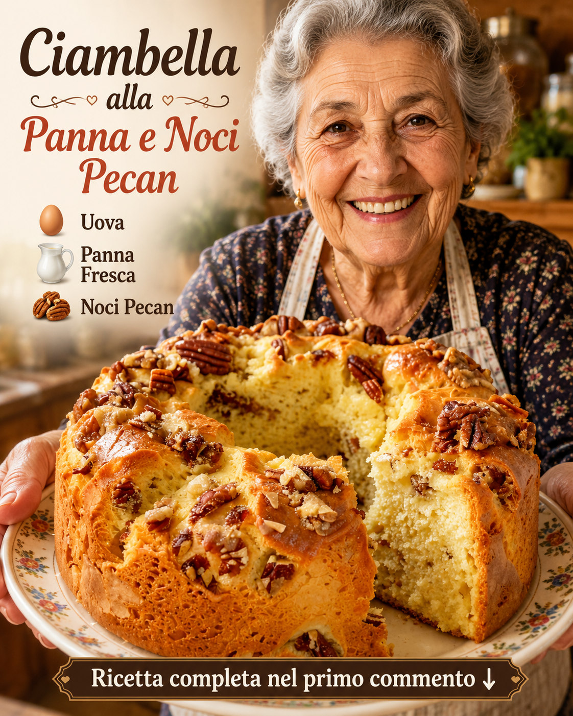 Ciambella alta con noci pecan sulla superficie e una fetta tagliata
