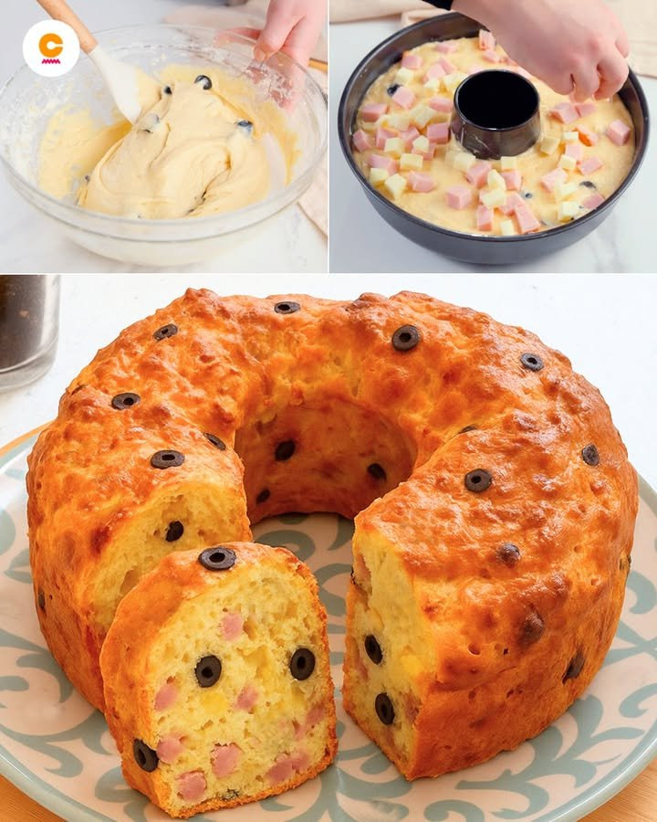 Ciambella salata dorata con olive scure, prosciutto e formaggio nella fetta