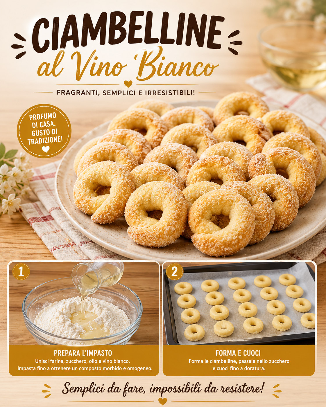Ciambelline dorate al vino bianco cosparse di zucchero