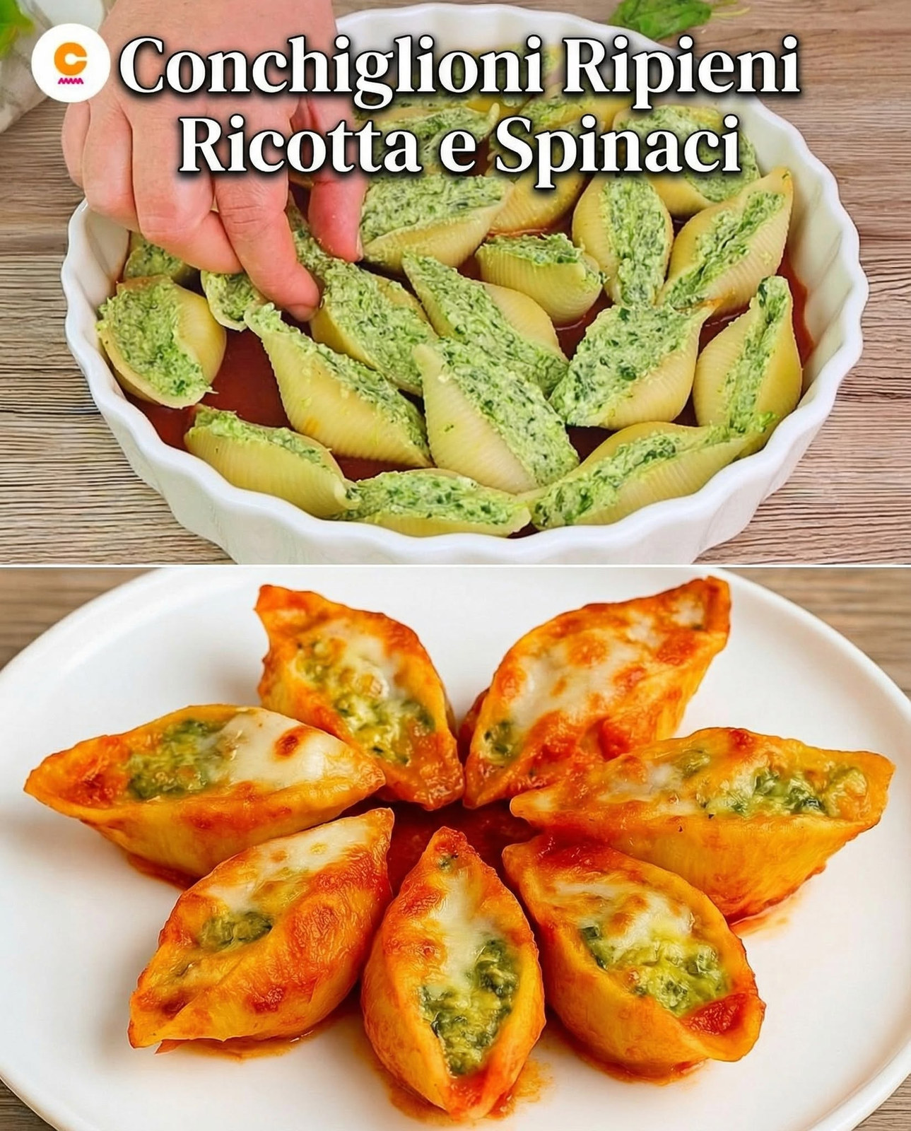 Conchiglioni ripieni di ricotta e spinaci gratinati nel pomodoro