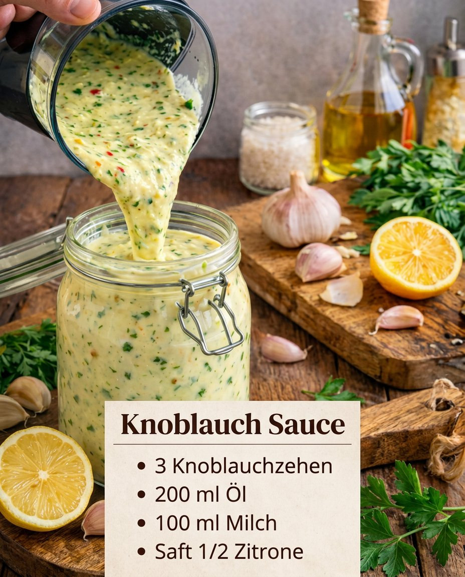 Helle cremige Knoblauchsauce mit Kräutern in einem Glas