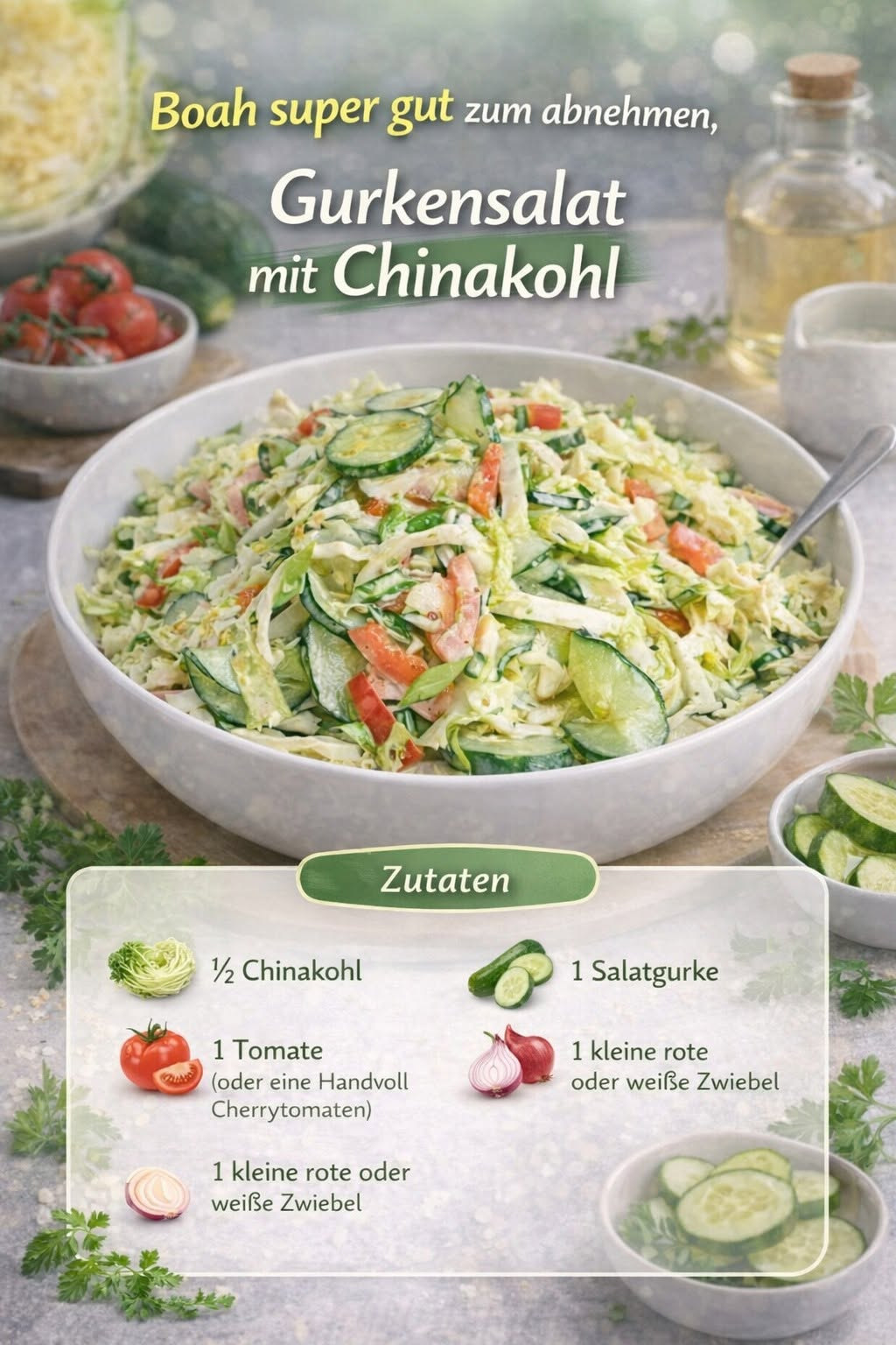Chinakohlsalat mit Gurke, Tomate und heller cremiger Sauce