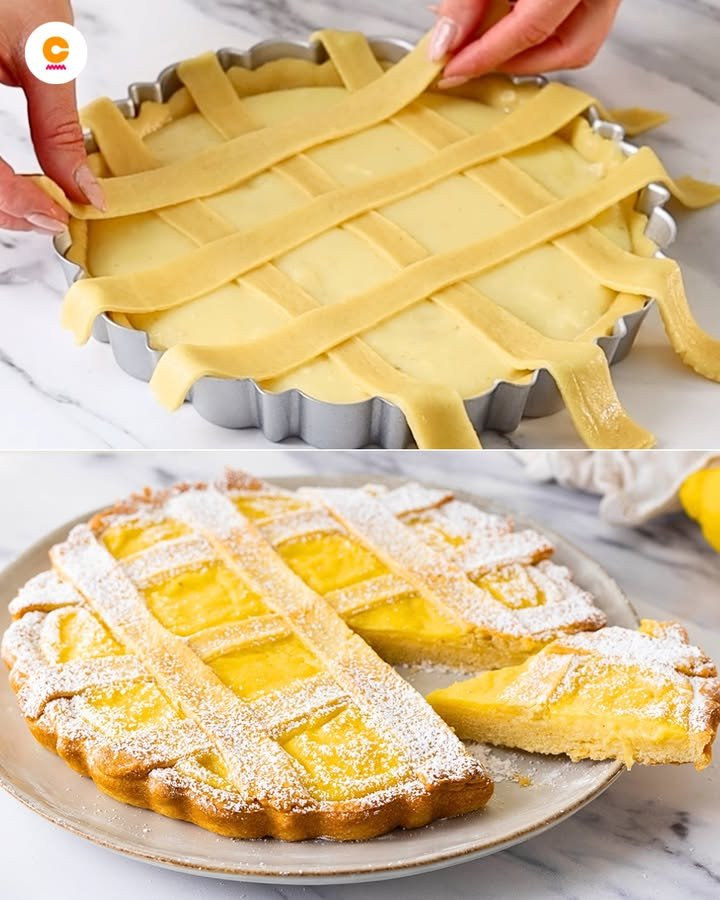 Crostata con crema gialla al limone e griglia larga di pasta frolla