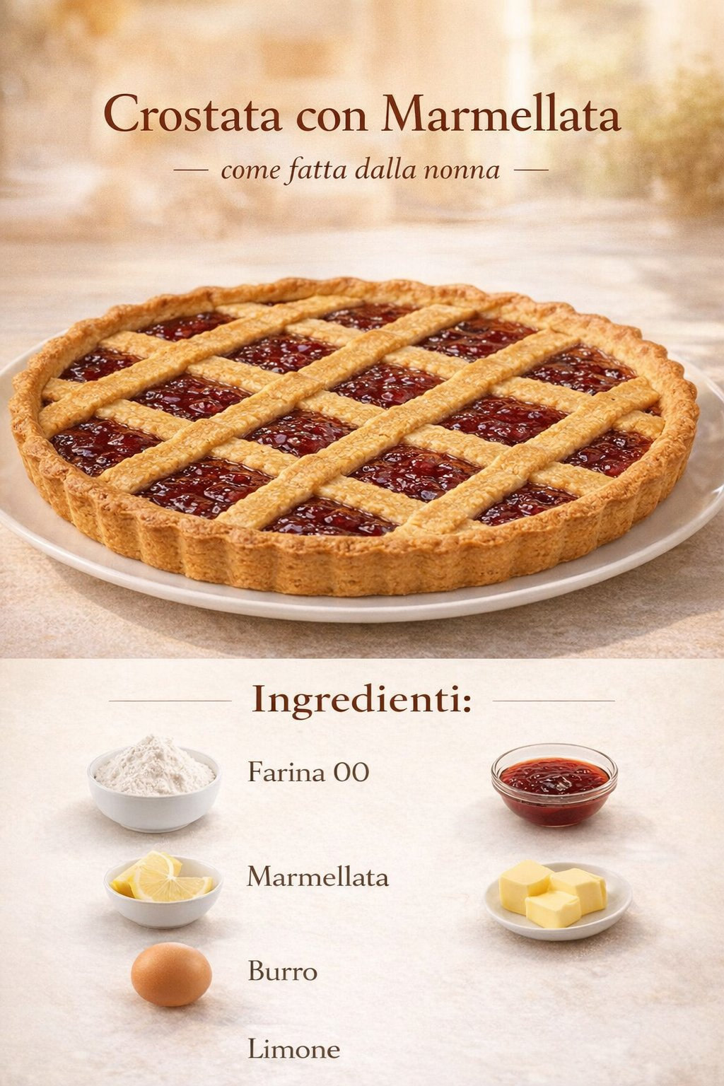Crostata dorata con marmellata e griglia di pasta frolla