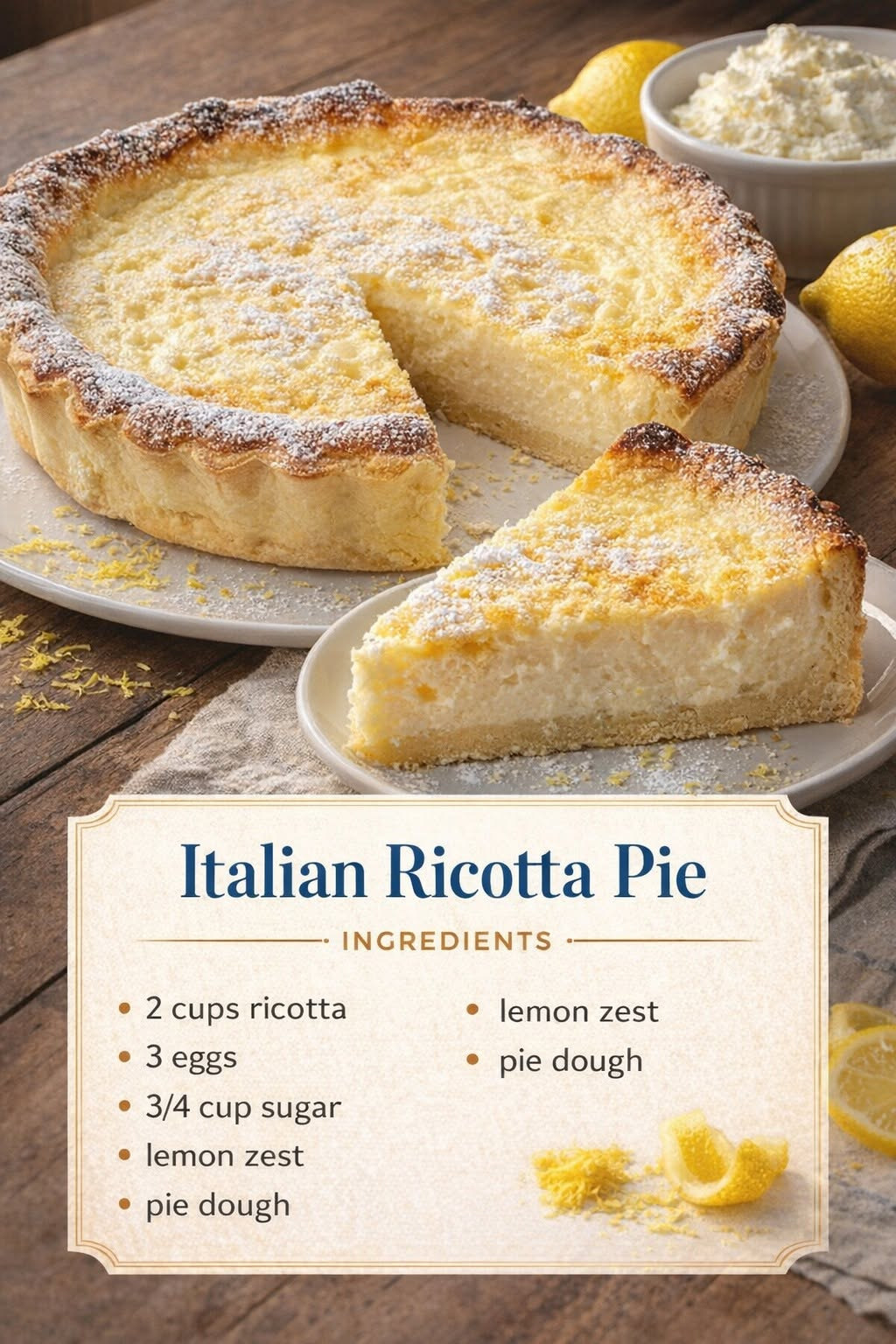 Crostata con bordo di pasta frolla e ripieno chiaro di ricotta al limone