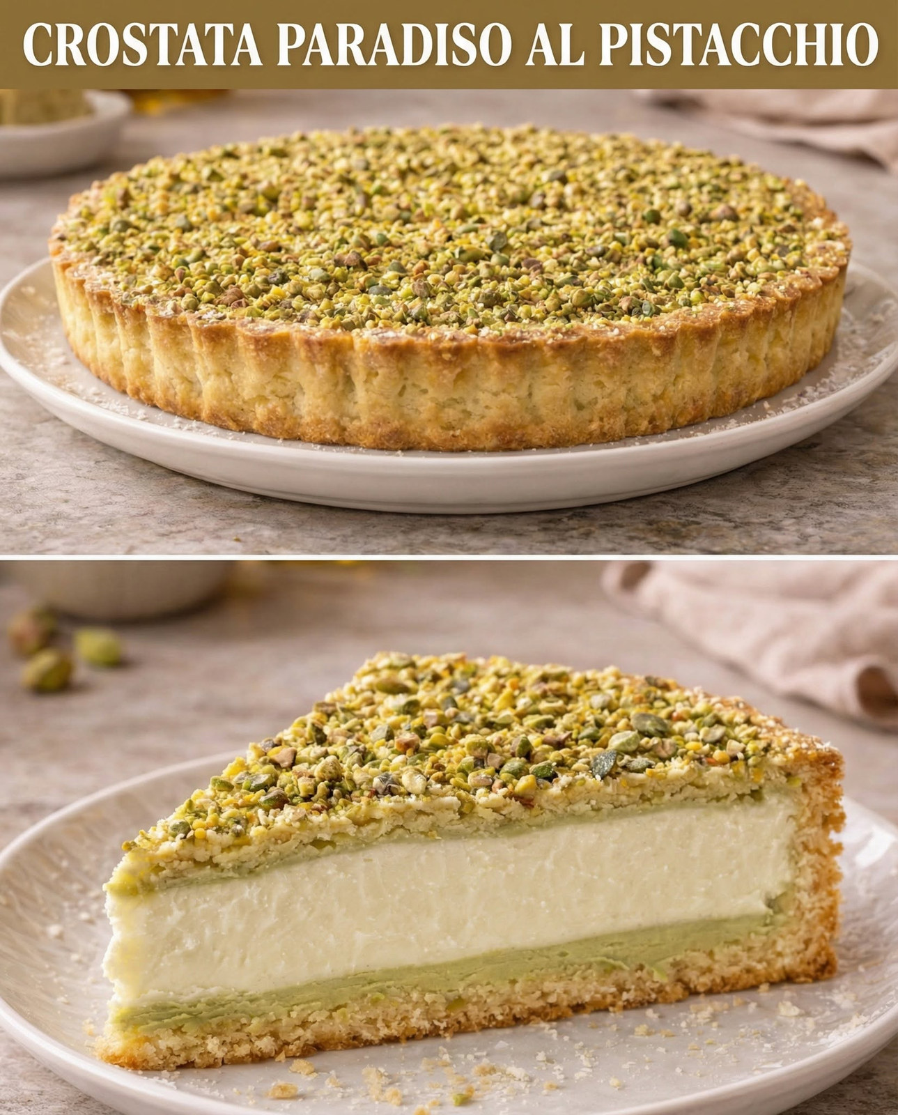 Crostata con ripieno chiaro e copertura fitta di pistacchi tritati