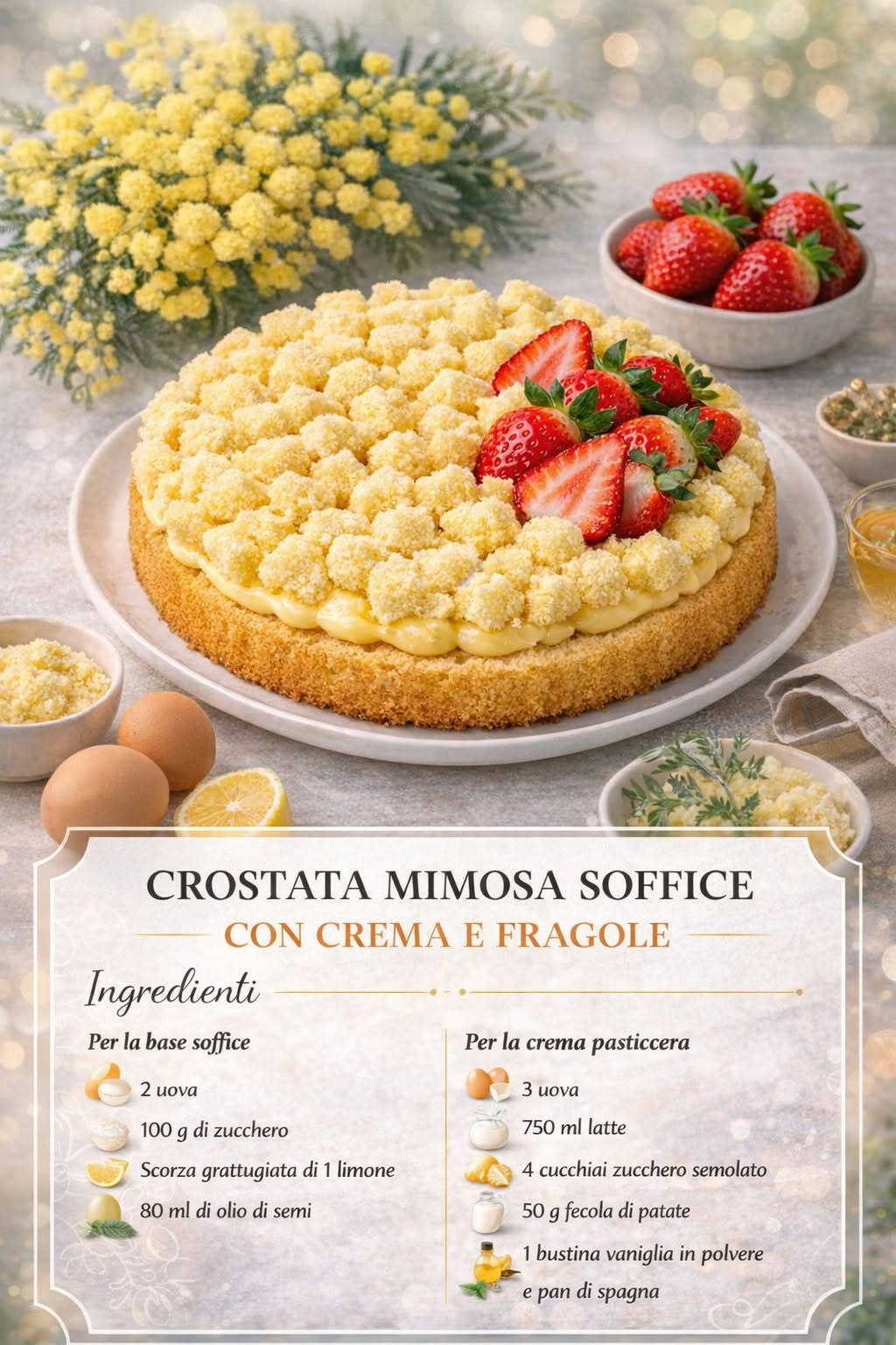 Crostata morbida coperta di briciole gialle, crema e fragole