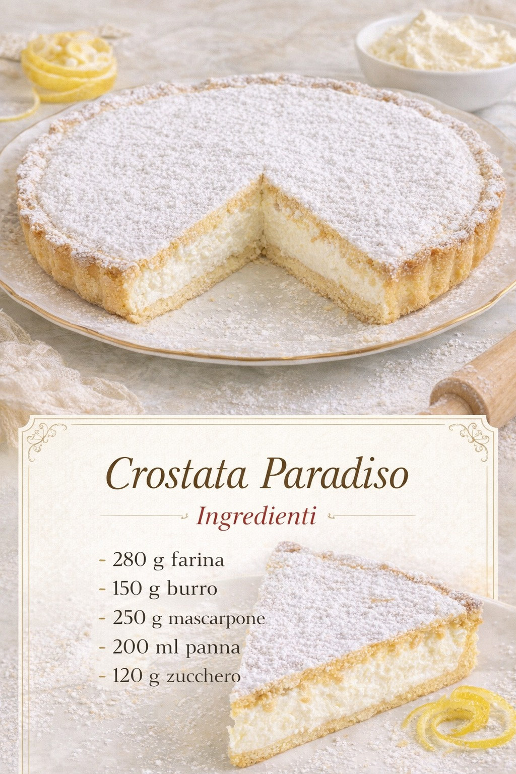 Crostata chiara con ripieno bianco e superficie coperta di zucchero a velo