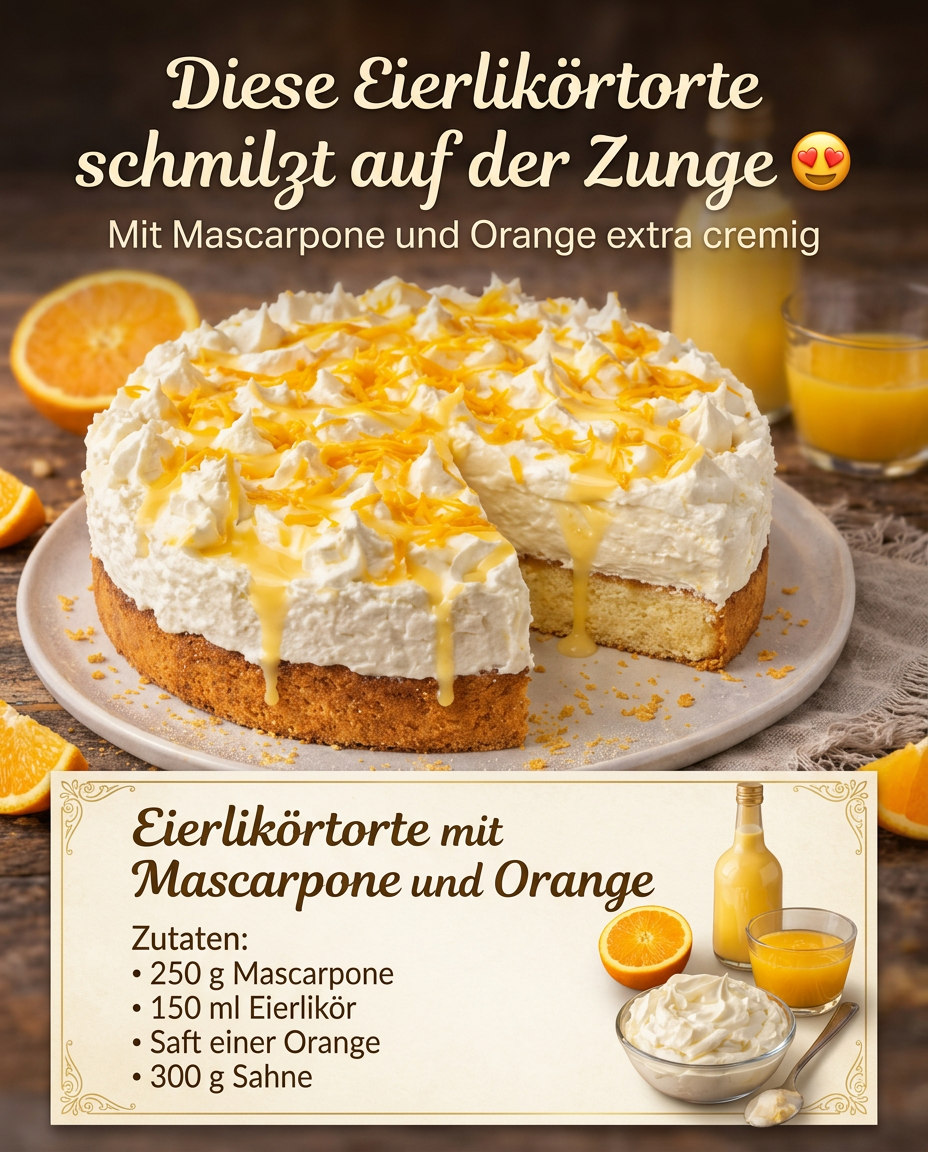 Helle Sahnetorte mit Orangenstücken und Eierlikörcreme